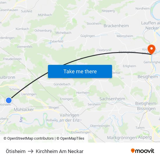 Ötisheim to Kirchheim Am Neckar map