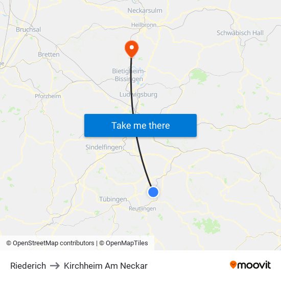 Riederich to Kirchheim Am Neckar map