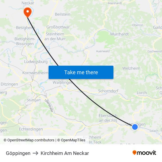 Göppingen to Kirchheim Am Neckar map