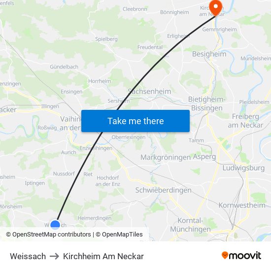 Weissach to Kirchheim Am Neckar map