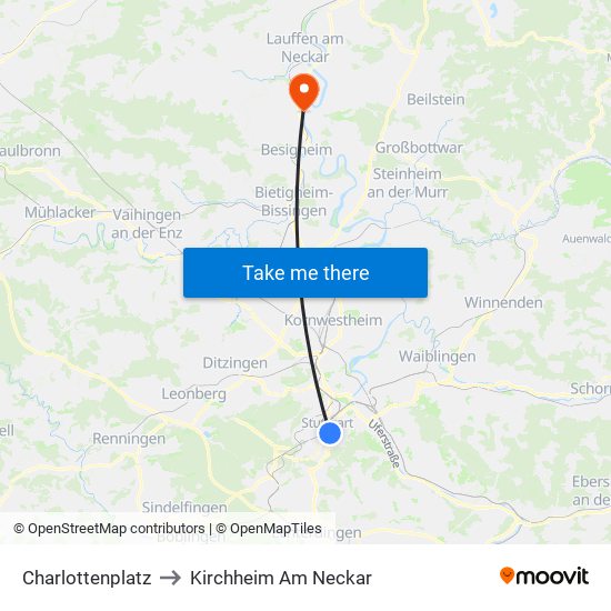 Charlottenplatz to Kirchheim Am Neckar map