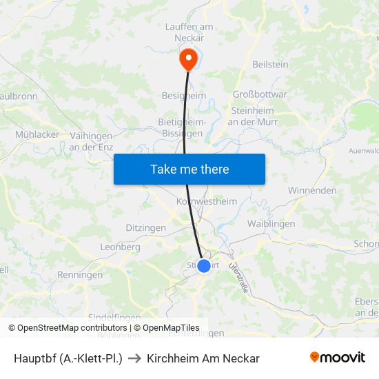 Hauptbf (A.-Klett-Pl.) to Kirchheim Am Neckar map