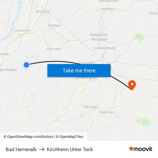 Bad Herrenalb to Kirchheim Unter Teck map