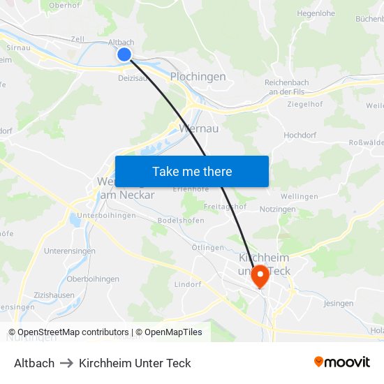 Altbach to Kirchheim Unter Teck map