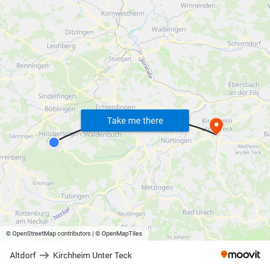 Altdorf to Kirchheim Unter Teck map