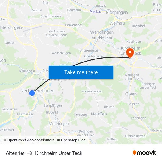 Altenriet to Kirchheim Unter Teck map
