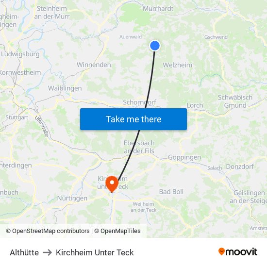 Althütte to Kirchheim Unter Teck map