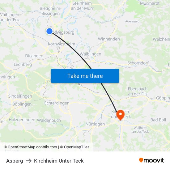 Asperg to Kirchheim Unter Teck map