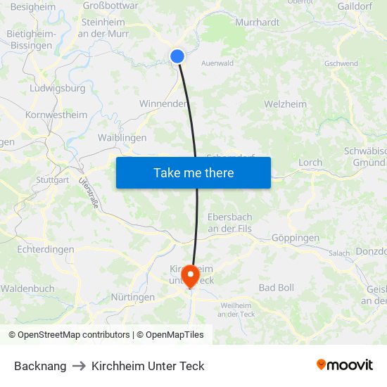 Backnang to Kirchheim Unter Teck map