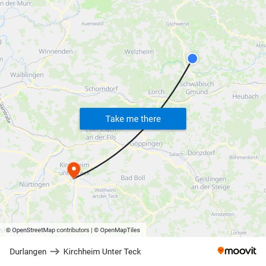 Durlangen to Kirchheim Unter Teck map