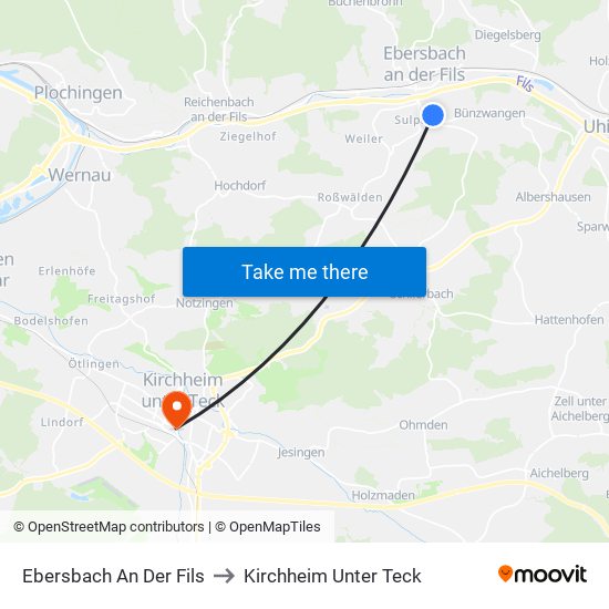 Ebersbach An Der Fils to Kirchheim Unter Teck map