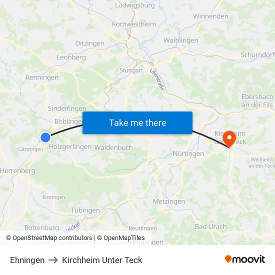 Ehningen to Kirchheim Unter Teck map
