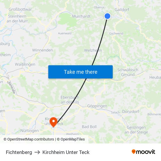 Fichtenberg to Kirchheim Unter Teck map