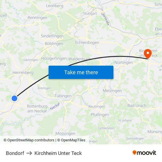 Bondorf to Kirchheim Unter Teck map