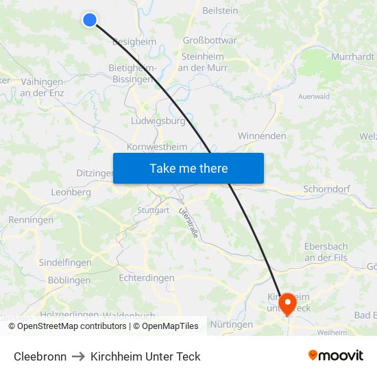 Cleebronn to Kirchheim Unter Teck map