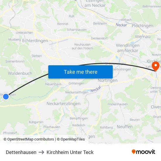 Dettenhausen to Kirchheim Unter Teck map