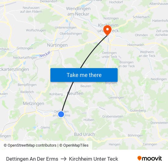 Dettingen An Der Erms to Kirchheim Unter Teck map