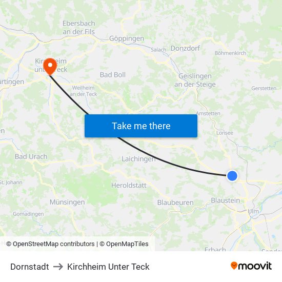 Dornstadt to Kirchheim Unter Teck map