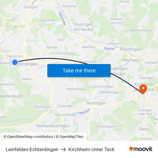 Leinfelden-Echterdingen to Kirchheim Unter Teck map