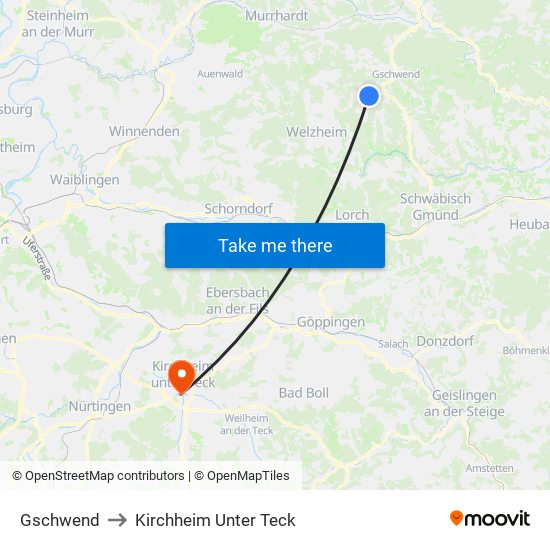 Gschwend to Kirchheim Unter Teck map