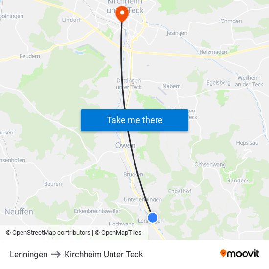 Lenningen to Kirchheim Unter Teck map