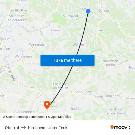 Oberrot to Kirchheim Unter Teck map