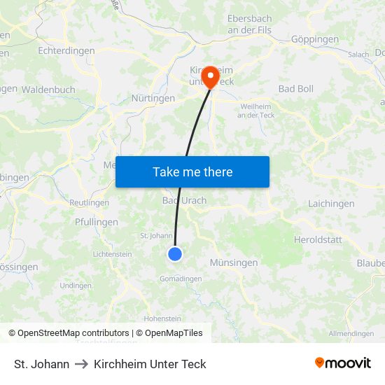 St. Johann to Kirchheim Unter Teck map