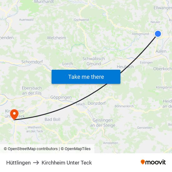 Hüttlingen to Kirchheim Unter Teck map