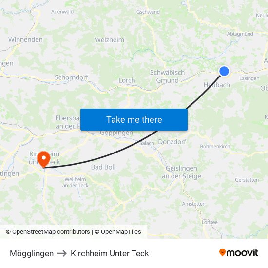 Mögglingen to Kirchheim Unter Teck map