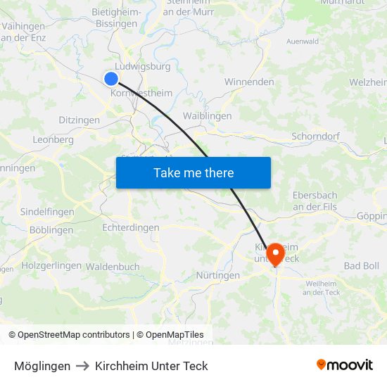 Möglingen to Kirchheim Unter Teck map