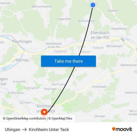 Uhingen to Kirchheim Unter Teck map