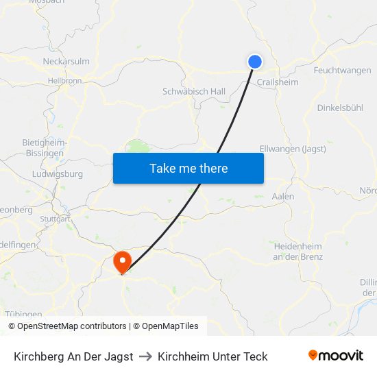 Kirchberg An Der Jagst to Kirchheim Unter Teck map