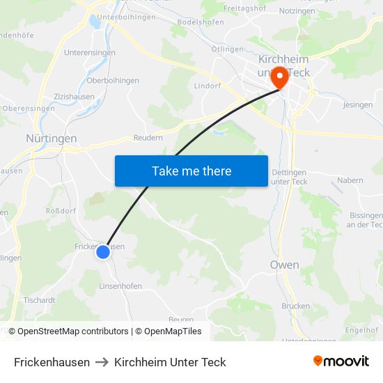 Frickenhausen to Kirchheim Unter Teck map