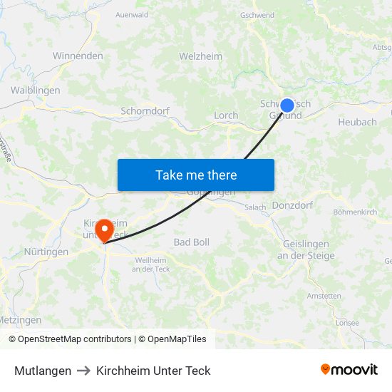 Mutlangen to Kirchheim Unter Teck map
