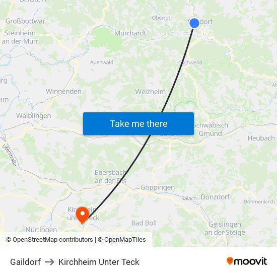 Gaildorf to Kirchheim Unter Teck map