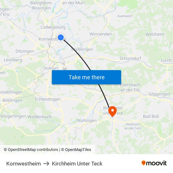 Kornwestheim to Kirchheim Unter Teck map