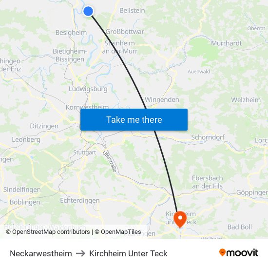 Neckarwestheim to Kirchheim Unter Teck map