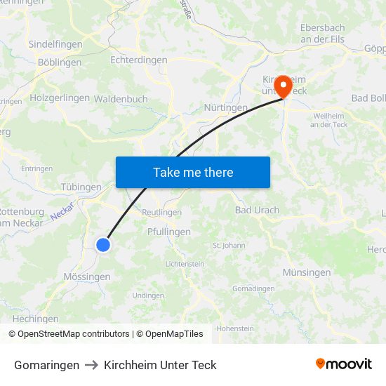 Gomaringen to Kirchheim Unter Teck map