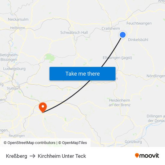 Kreßberg to Kirchheim Unter Teck map