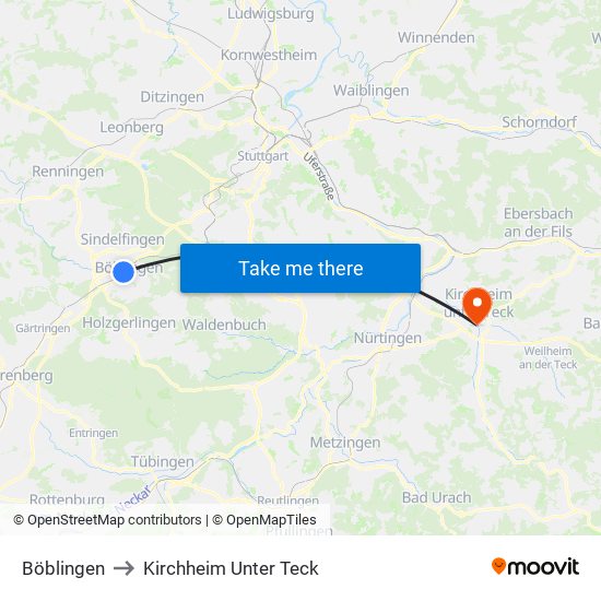 Böblingen to Kirchheim Unter Teck map