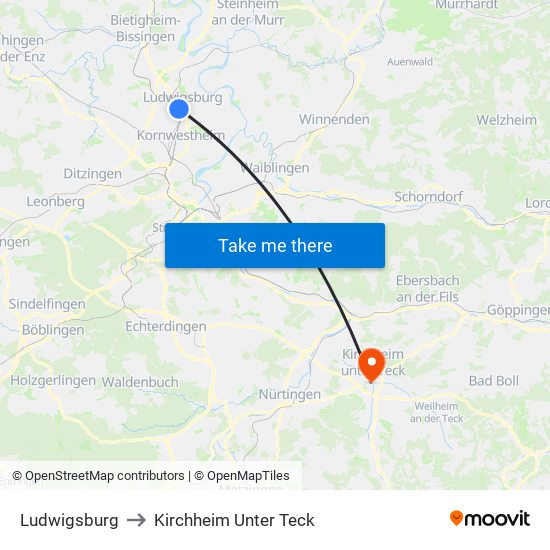 Ludwigsburg to Kirchheim Unter Teck map