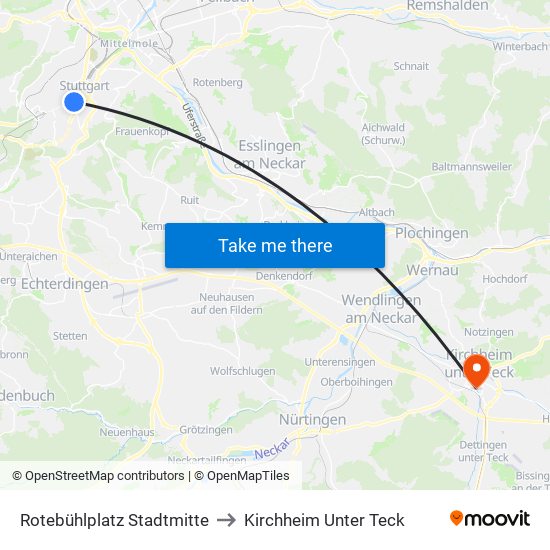 Rotebühlplatz Stadtmitte to Kirchheim Unter Teck map