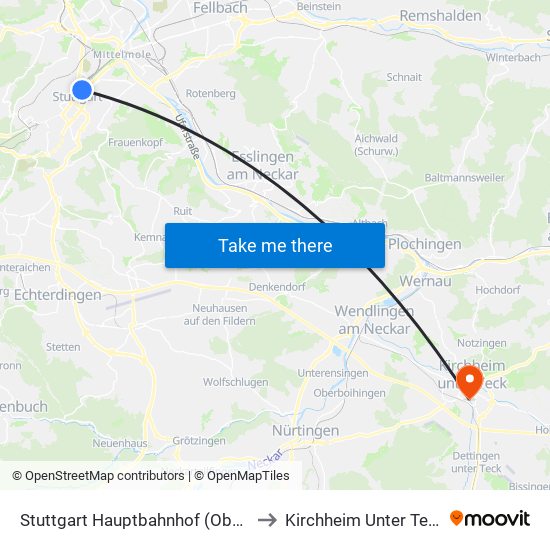 Stuttgart Hauptbahnhof (Oben) to Kirchheim Unter Teck map