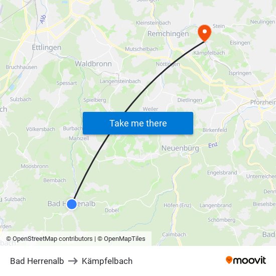 Bad Herrenalb to Kämpfelbach map