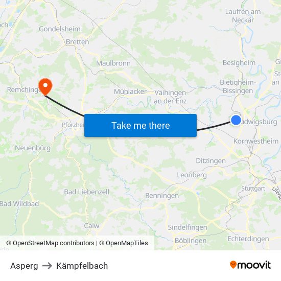 Asperg to Kämpfelbach map