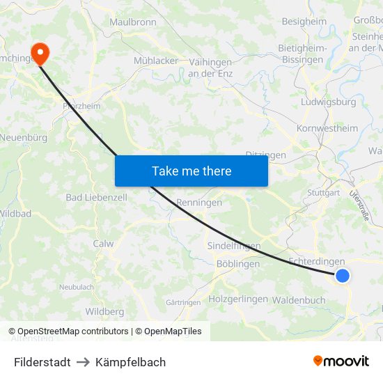 Filderstadt to Kämpfelbach map