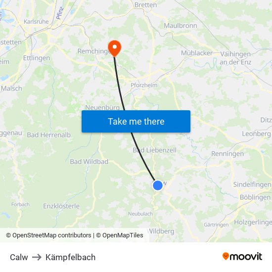 Calw to Kämpfelbach map