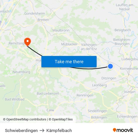 Schwieberdingen to Kämpfelbach map