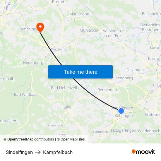 Sindelfingen to Kämpfelbach map