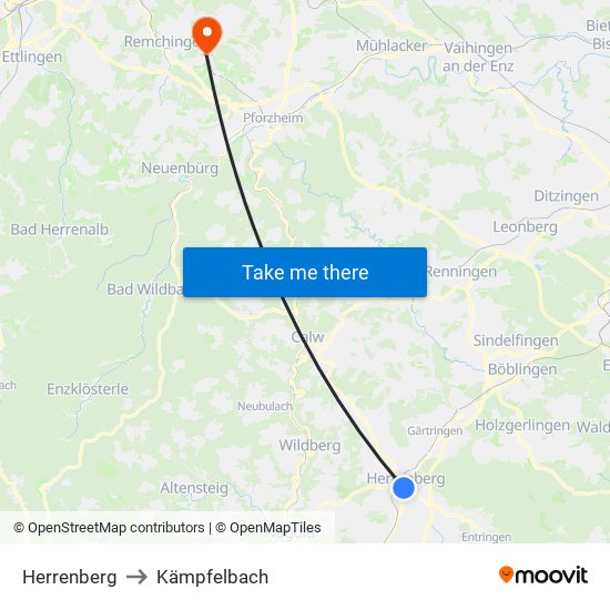 Herrenberg to Kämpfelbach map